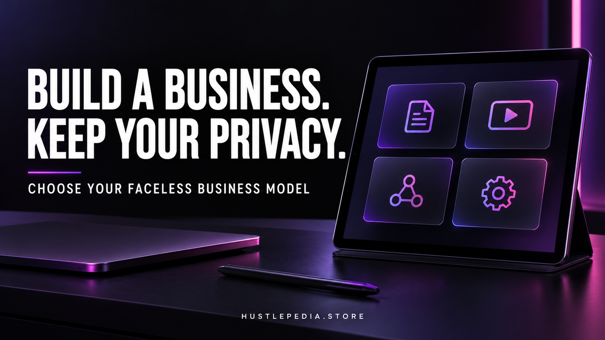 Build a business. Keep your privacy. Tablet illustrating digital products, content, connections, and services.
