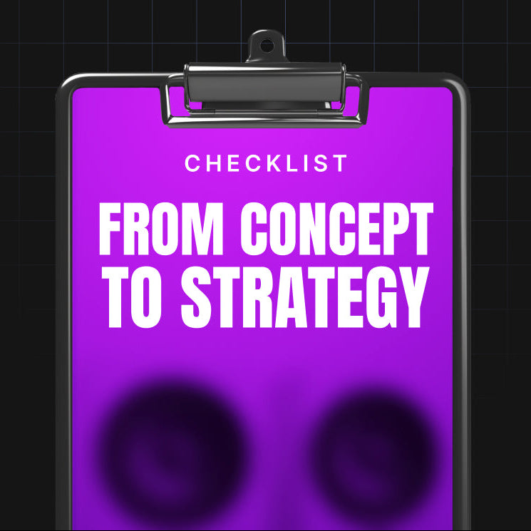 Purple clipboard with 'Checklist From Concept to Strategy' text on a black background