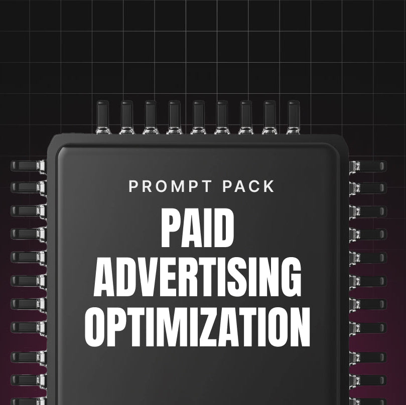 集成电路芯片形状的设备，上面写着'Paid Advertising Optimization'，背景为黑色和红色渐变。