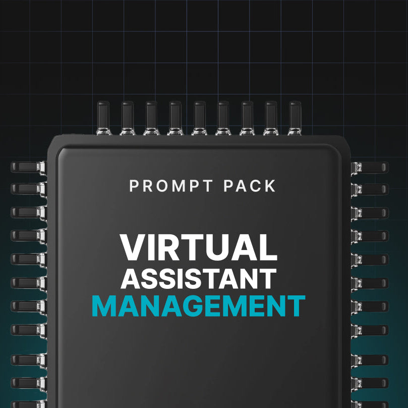 集成电路板模拟图，上面写着'Prompt Pack Virtual Assistant Management'，背景为深色网格线。