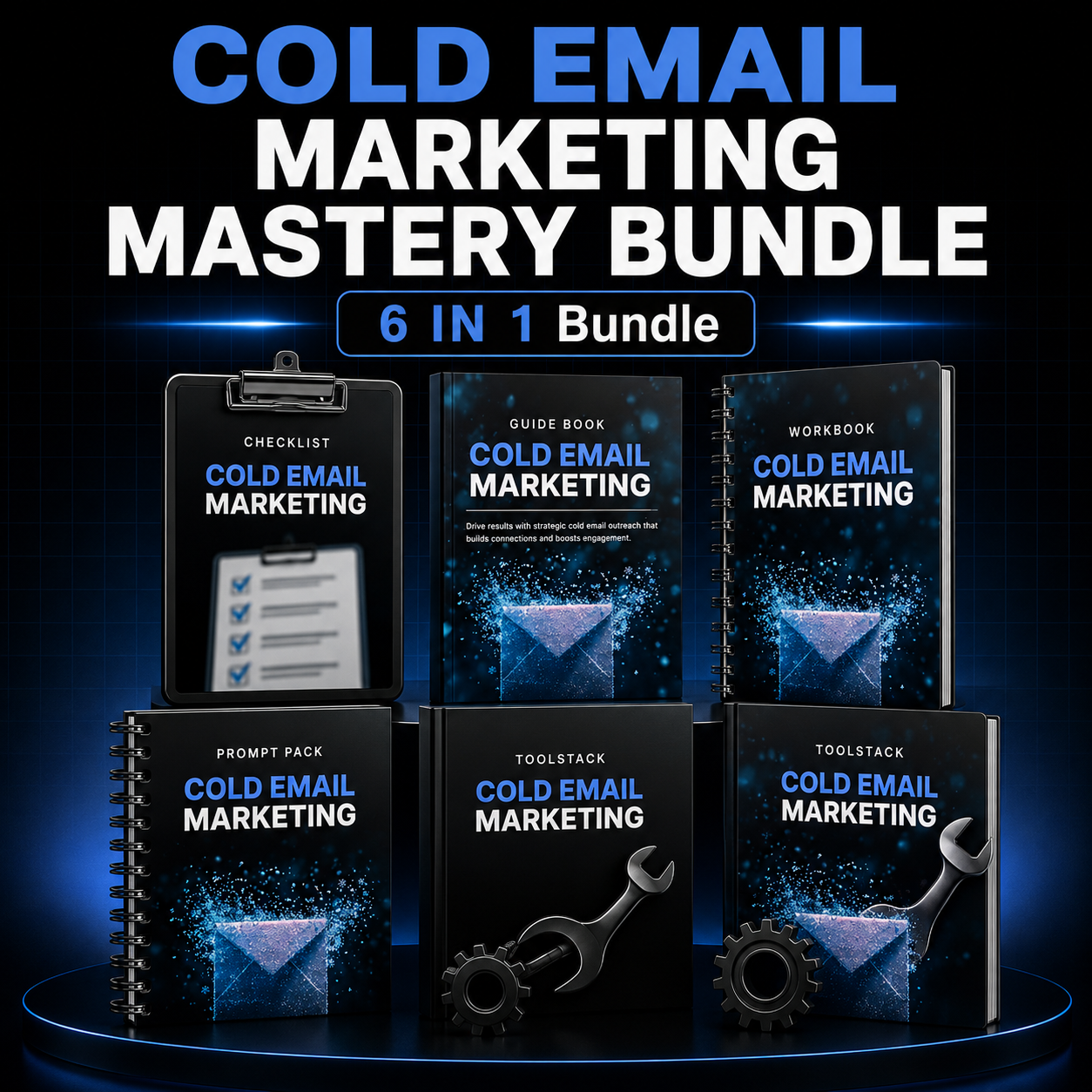 Cold email marketing mastery bundle, 6 in 1 bundle with eBook, Checklist, Toolstack, AI prompt pack, workbook, and guide book 