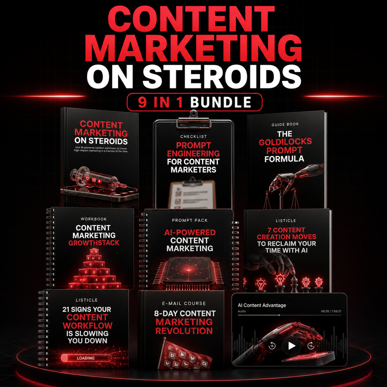 Content Marketing 9 in 1 bundle includes ebooks, checklists, ai prompts, podcast audio, email course, workbook, guidebook, and more. 