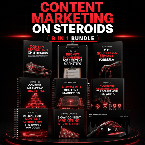 Content Marketing 9 in 1 bundle includes ebooks, checklists, ai prompts, podcast audio, email course, workbook, guidebook, and more. 