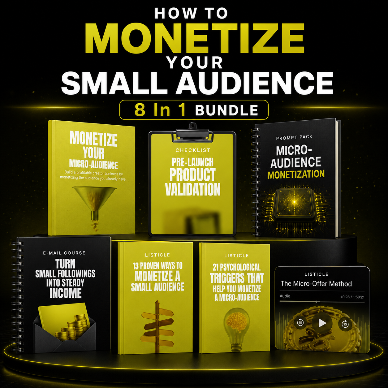 How to Monetize a Small Audience - ebooks, course, email course, audio files, ai prompts, checklist, and more. 